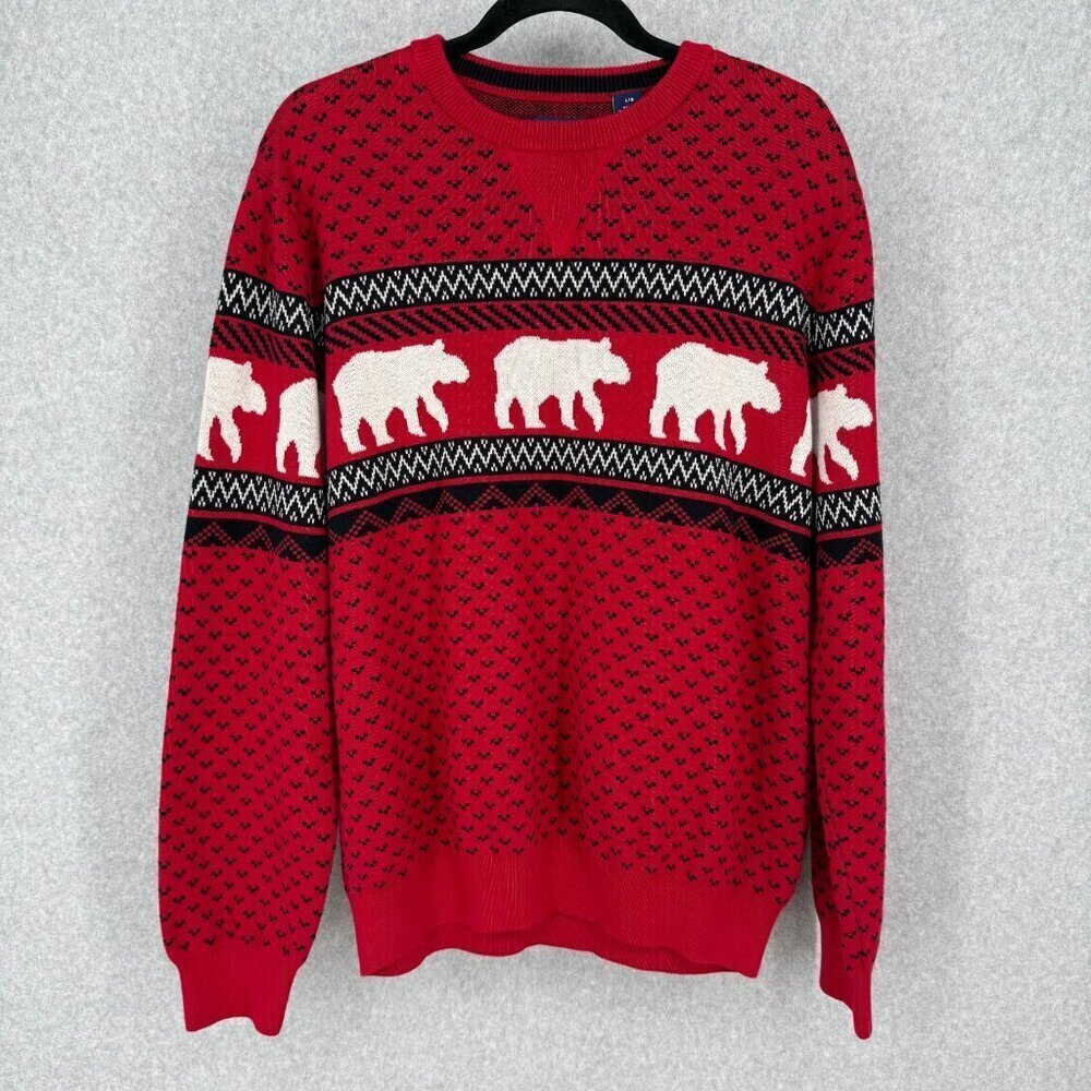 Chaps Mens Crew Neck Pullover Knit Sweater Size L Red Polar Bear Holiday Animal